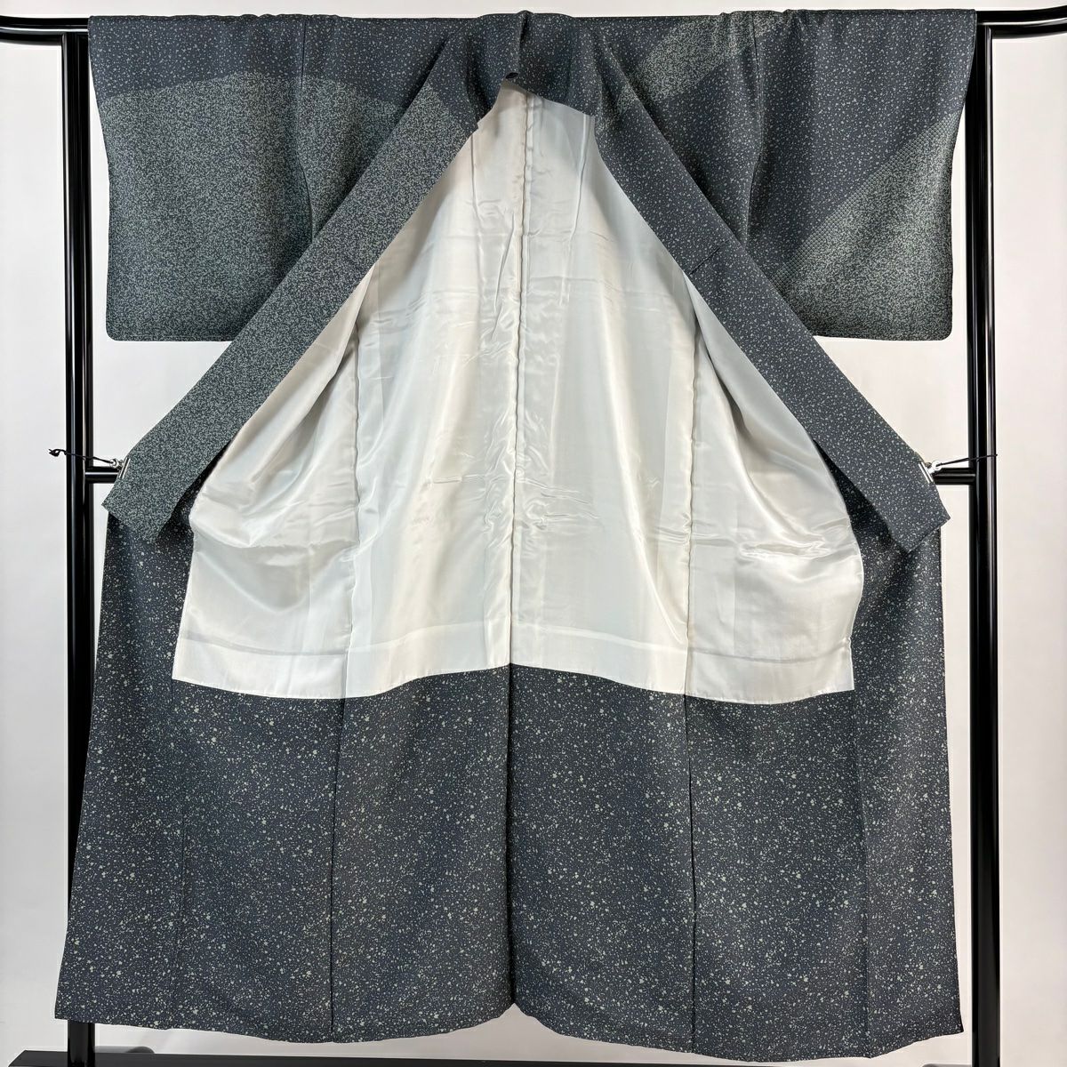 【美品】訪問服 身長153cm 袖長64.5cm M 雙層 紬織織 花唐草紋 幾何學 染分 灰綠 純蠶絲 秀品級