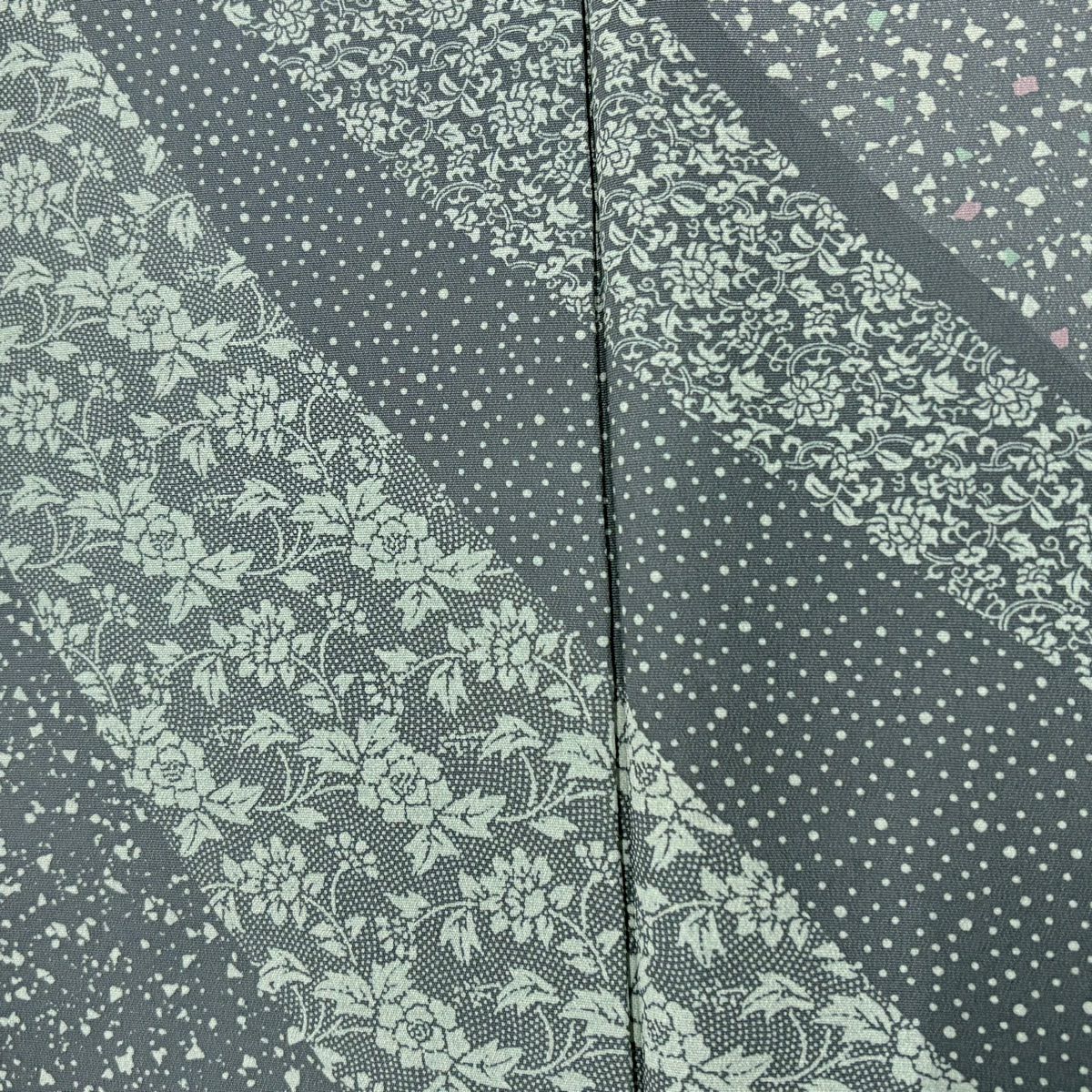 【美品】訪問服 身長153cm 袖長64.5cm M 雙層 紬織織 花唐草紋 幾何學 染分 灰綠 純蠶絲 秀品級
