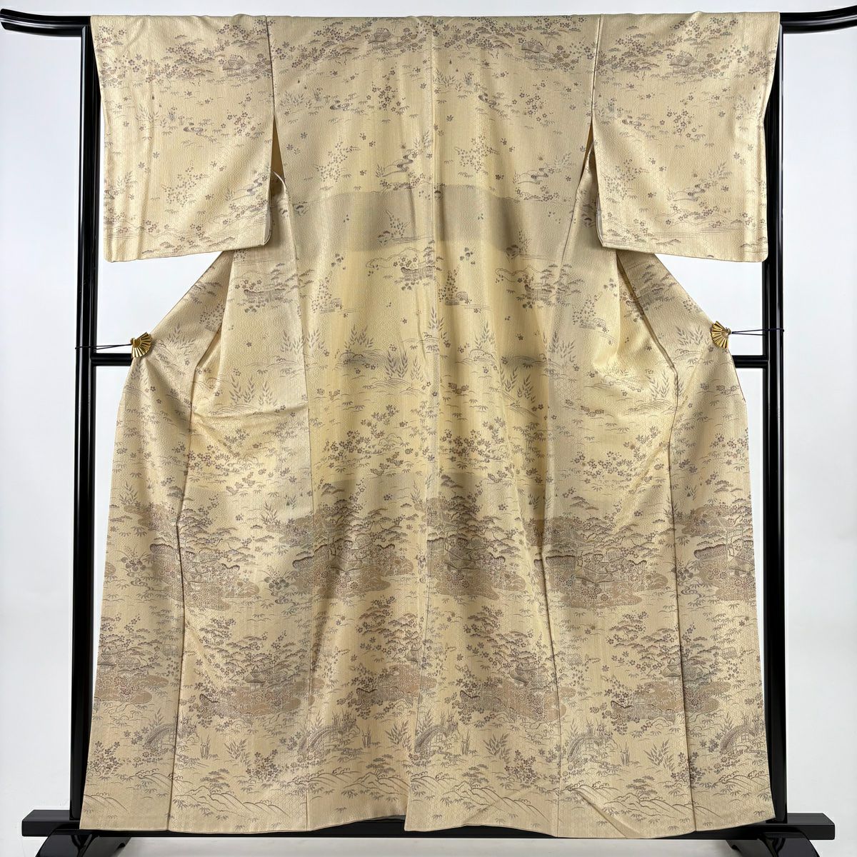 【美品】訪問服 身長158cm 袖長64cm M 雙層 家屋 松樹竹子梅花 米色 純蠶絲 優品級