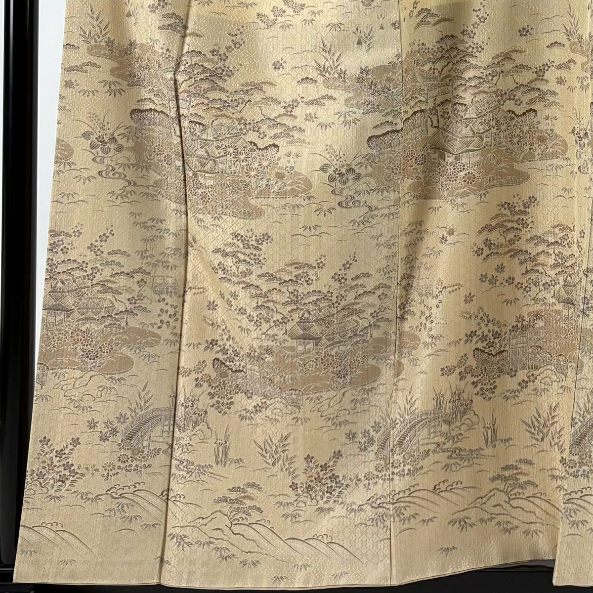 【美品】訪問服 身長158cm 袖長64cm M 雙層 家屋 松樹竹子梅花 米色 純蠶絲 優品級