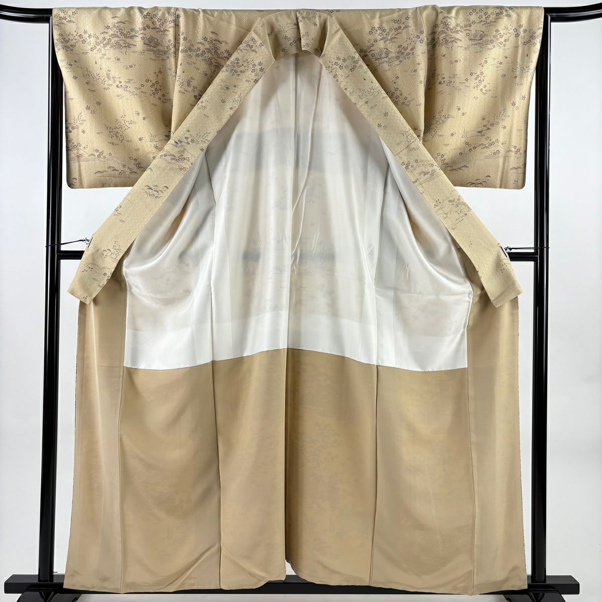 【美品】訪問服 身長158cm 袖長64cm M 雙層 家屋 松樹竹子梅花 米色 純蠶絲 優品級