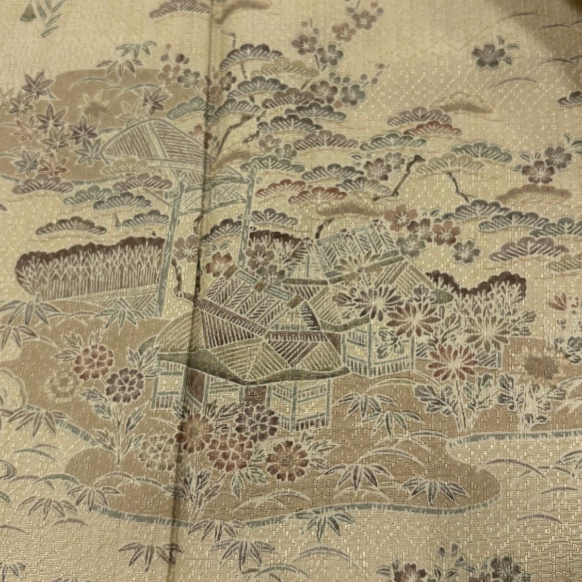 【美品】訪問服 身長158cm 袖長64cm M 雙層 家屋 松樹竹子梅花 米色 純蠶絲 優品級