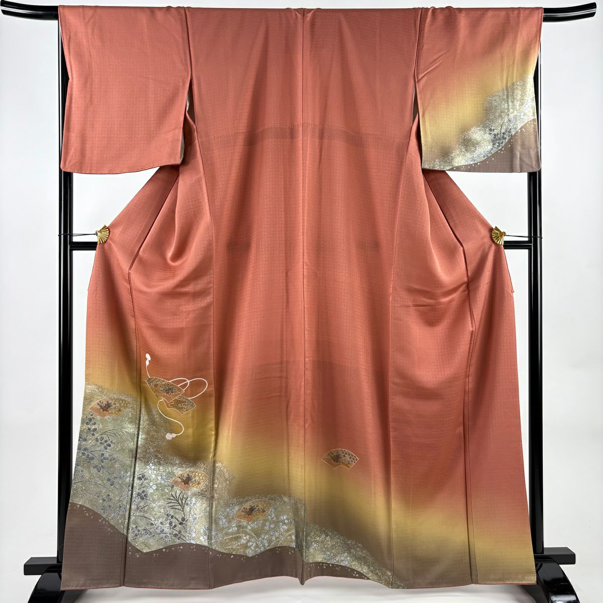 付下 身長163.5cm 袖長67.5cm L 雙層 扇子面 草花紋紋 刺繡 金銀彩 鮭粉色 純蠶絲 秀品級