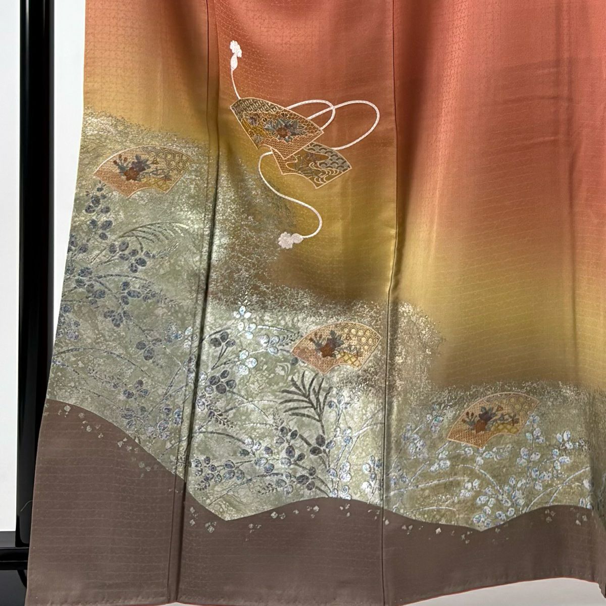 付下 身長163.5cm 袖長67.5cm L 雙層 扇子面 草花紋紋 刺繡 金銀彩 鮭粉色 純蠶絲 秀品級