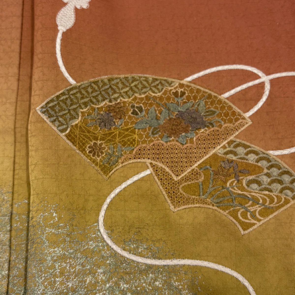 付下 身長163.5cm 袖長67.5cm L 雙層 扇子面 草花紋紋 刺繡 金銀彩 鮭粉色 純蠶絲 秀品級