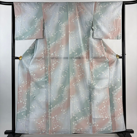 【美品】 小紋 身長162.5cm 袖長64cm M 薄物 絽 草花紋 螳螂 漸層 薄綠 純蠶絲 秀品級