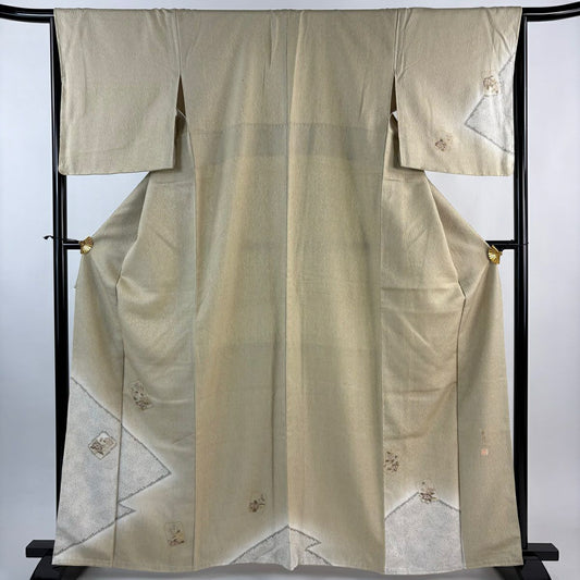 付下 身長163cm 袖長65.5cm M 雙層 林淳一 落款あり 菱 草花紋紋 金金箔 金銀彩 米色 純蠶絲 優品級