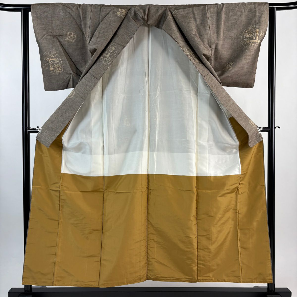 【美品】 紬織織 身長155cm 袖長63cm S 雙層 松樹竹子梅花 灰茶 純蠶絲 秀品級