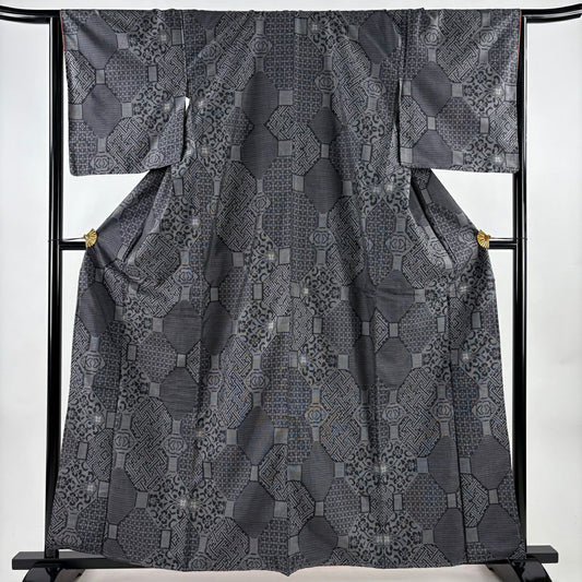 【美品】 紬織織 身長161cm 袖長66cm M 雙層 蜀江紋 草花紋紋 黑灰 純蠶絲 秀品級