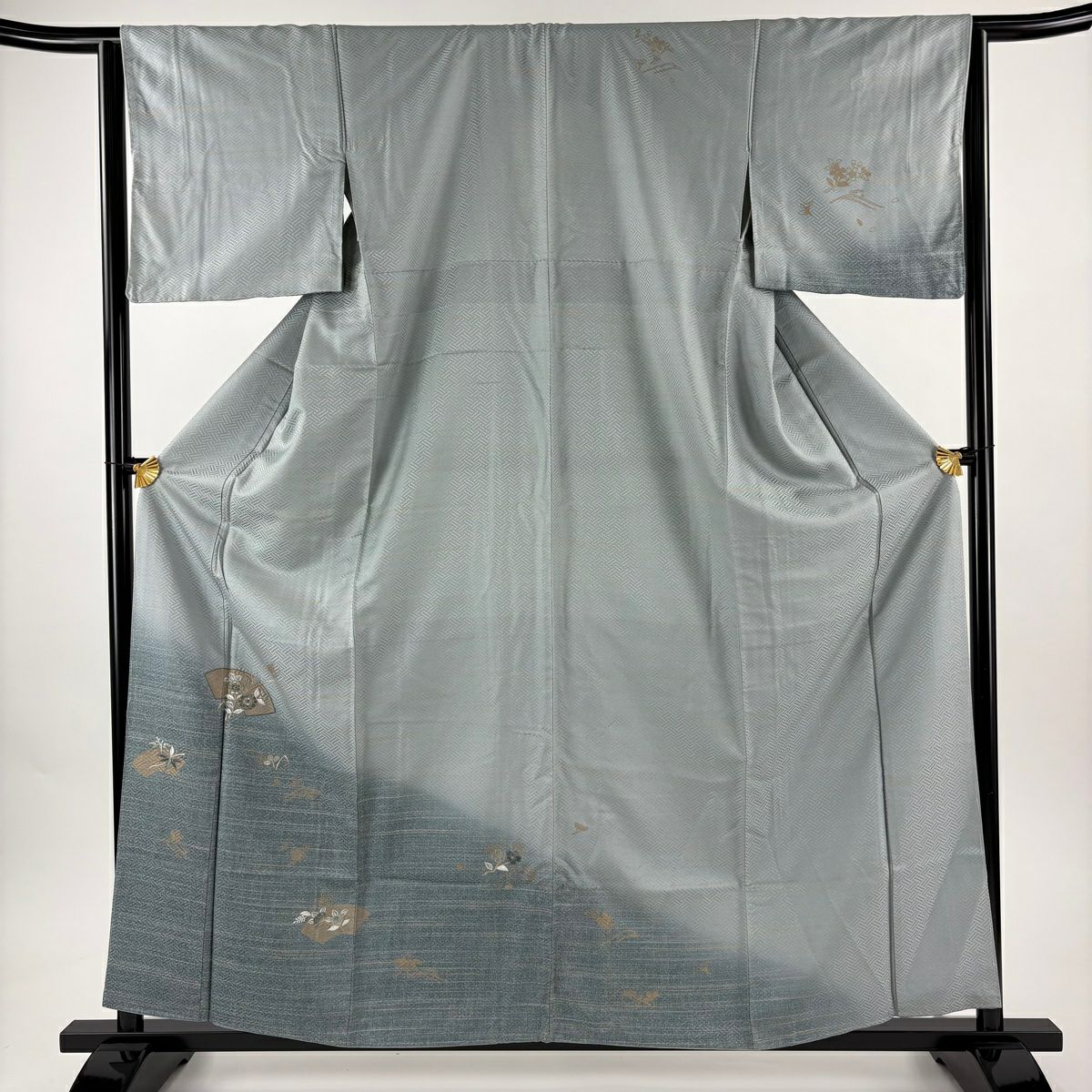 【美品】訪問服 身長160cm 袖長64cm M 雙層 扇子面 草花紋紋 刺繡 金彩裝飾 青灰 純蠶絲 秀品級