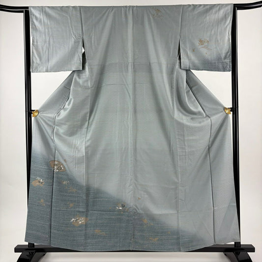 【美品】訪問服 身長160cm 袖長64cm M 雙層 扇子面 草花紋紋 刺繡 金彩裝飾 青灰 純蠶絲 秀品級