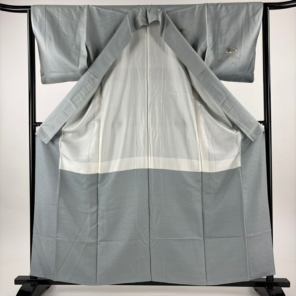 【美品】訪問服 身長160cm 袖長64cm M 雙層 扇子面 草花紋紋 刺繡 金彩裝飾 青灰 純蠶絲 秀品級
