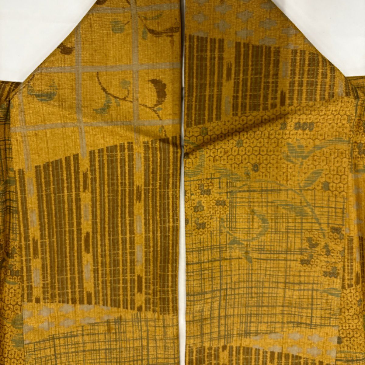 【美品】 小紋 身長158cm 袖長64cm M 雙層 紬織織 花唐草紋 龜甲絣 山吹茶 純蠶絲 秀品級
