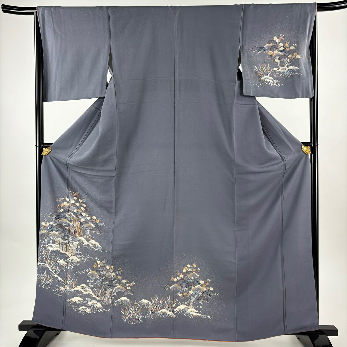 訪問服 身長163cm 袖長66cm M 雙層 御所車 松樹 金銀彩 青灰 純蠶絲 秀品級