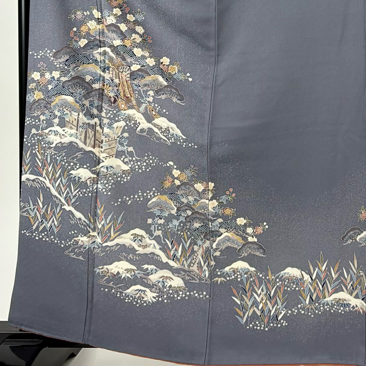 訪問服 身長163cm 袖長66cm M 雙層 御所車 松樹 金銀彩 青灰 純蠶絲 秀品級