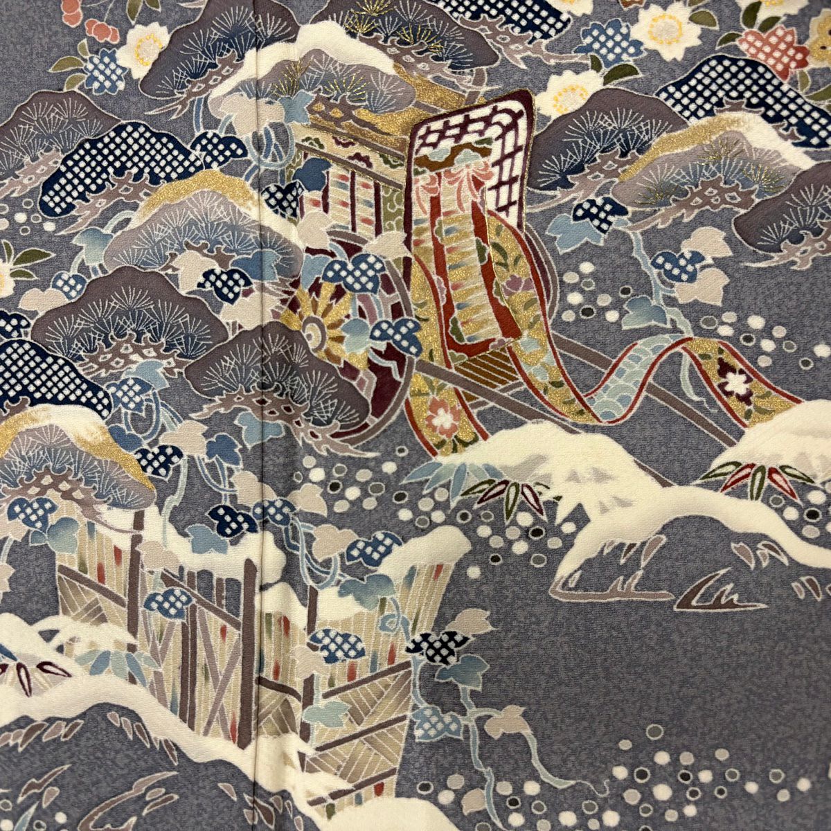 訪問服 身長163cm 袖長66cm M 雙層 御所車 松樹 金銀彩 青灰 純蠶絲 秀品級
