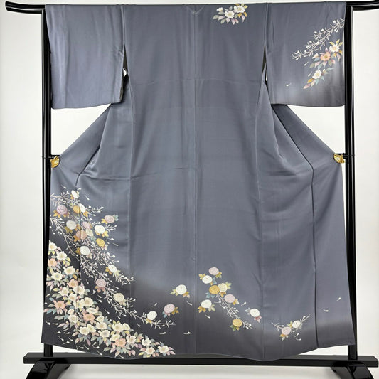 訪問服 身長156cm 袖長65.5cm M 雙層 菊花 草花紋紋 金彩裝飾 漸層 灰紫 純蠶絲 秀品級 一つ紋