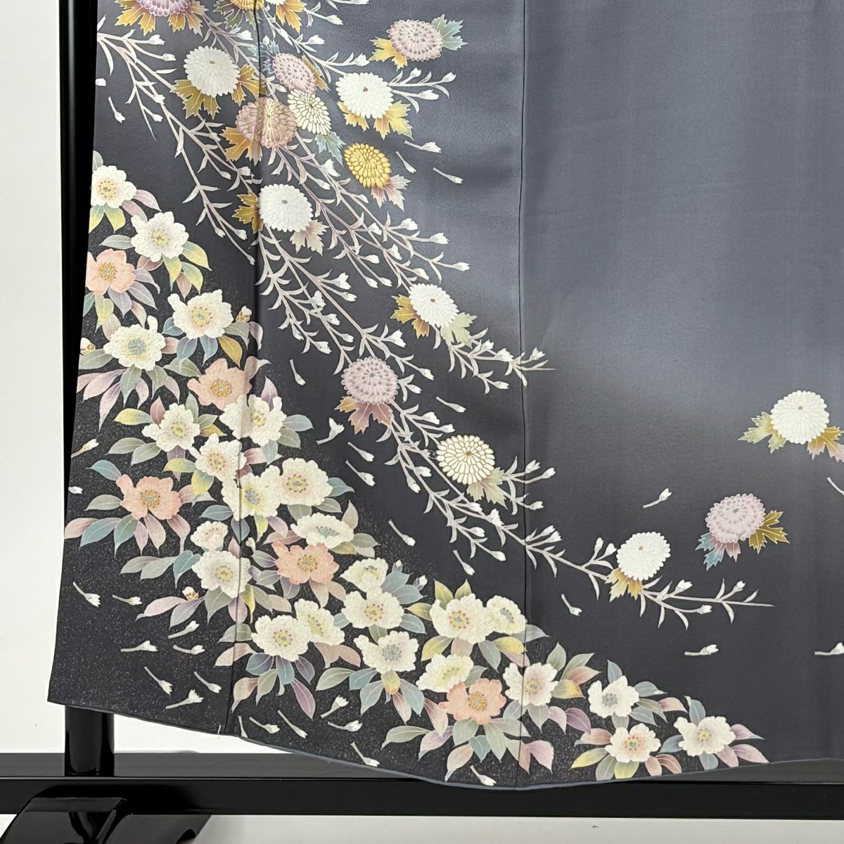 訪問服 身長156cm 袖長65.5cm M 雙層 菊花 草花紋紋 金彩裝飾 漸層 灰紫 純蠶絲 秀品級 一つ紋