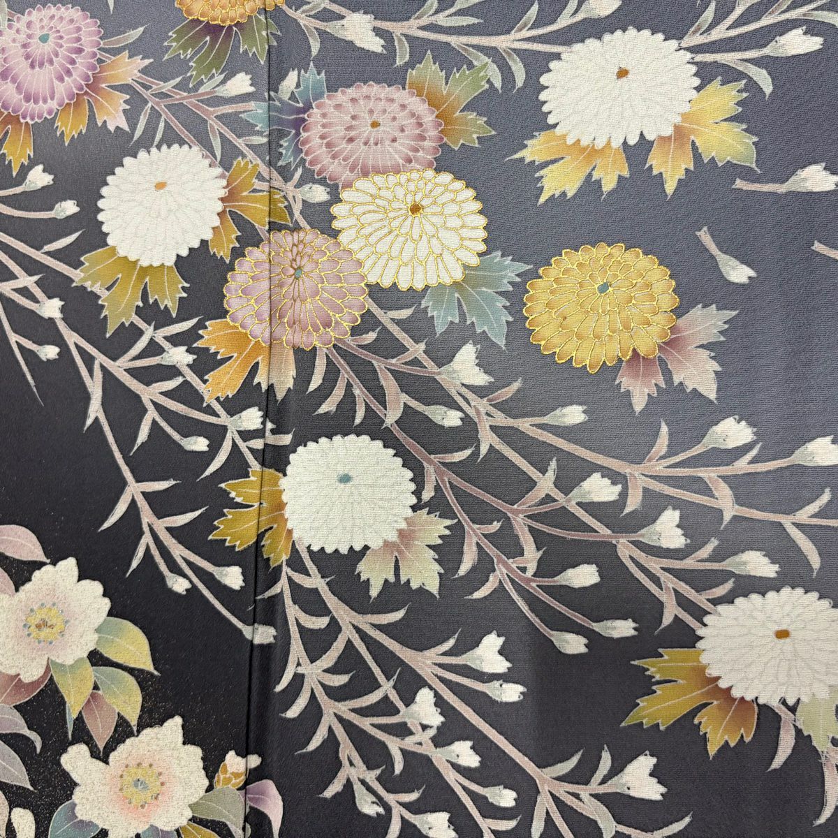 訪問服 身長156cm 袖長65.5cm M 雙層 菊花 草花紋紋 金彩裝飾 漸層 灰紫 純蠶絲 秀品級 一つ紋