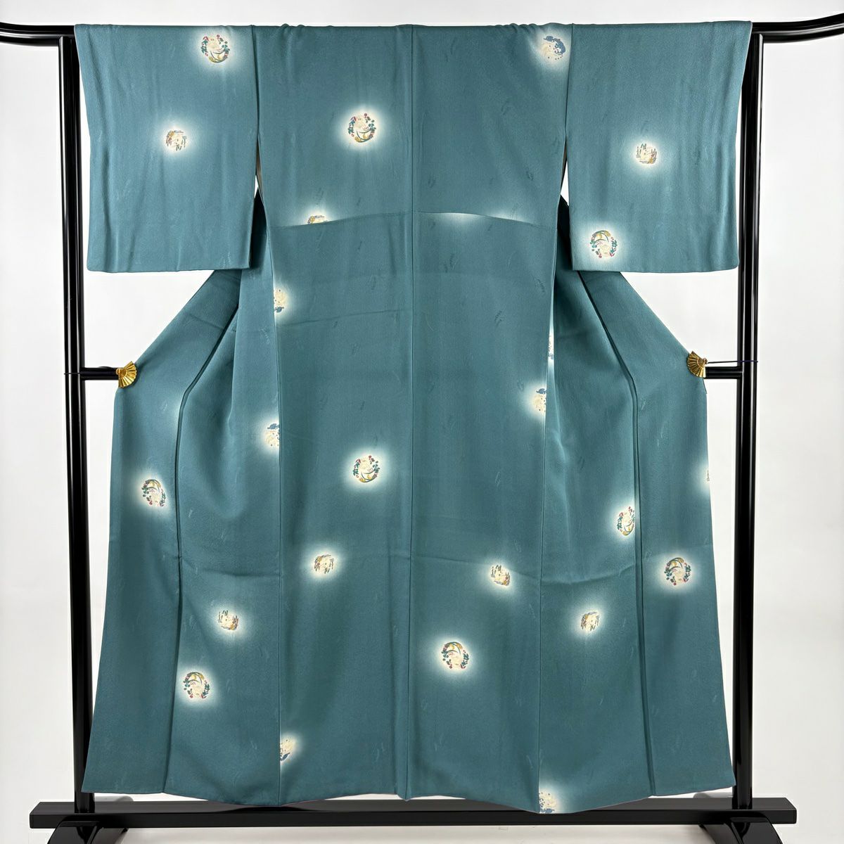 小紋 身長154cm 袖長64cm M 雙層 兔子 花丸紋 漸層 青綠 純蠶絲 優品級