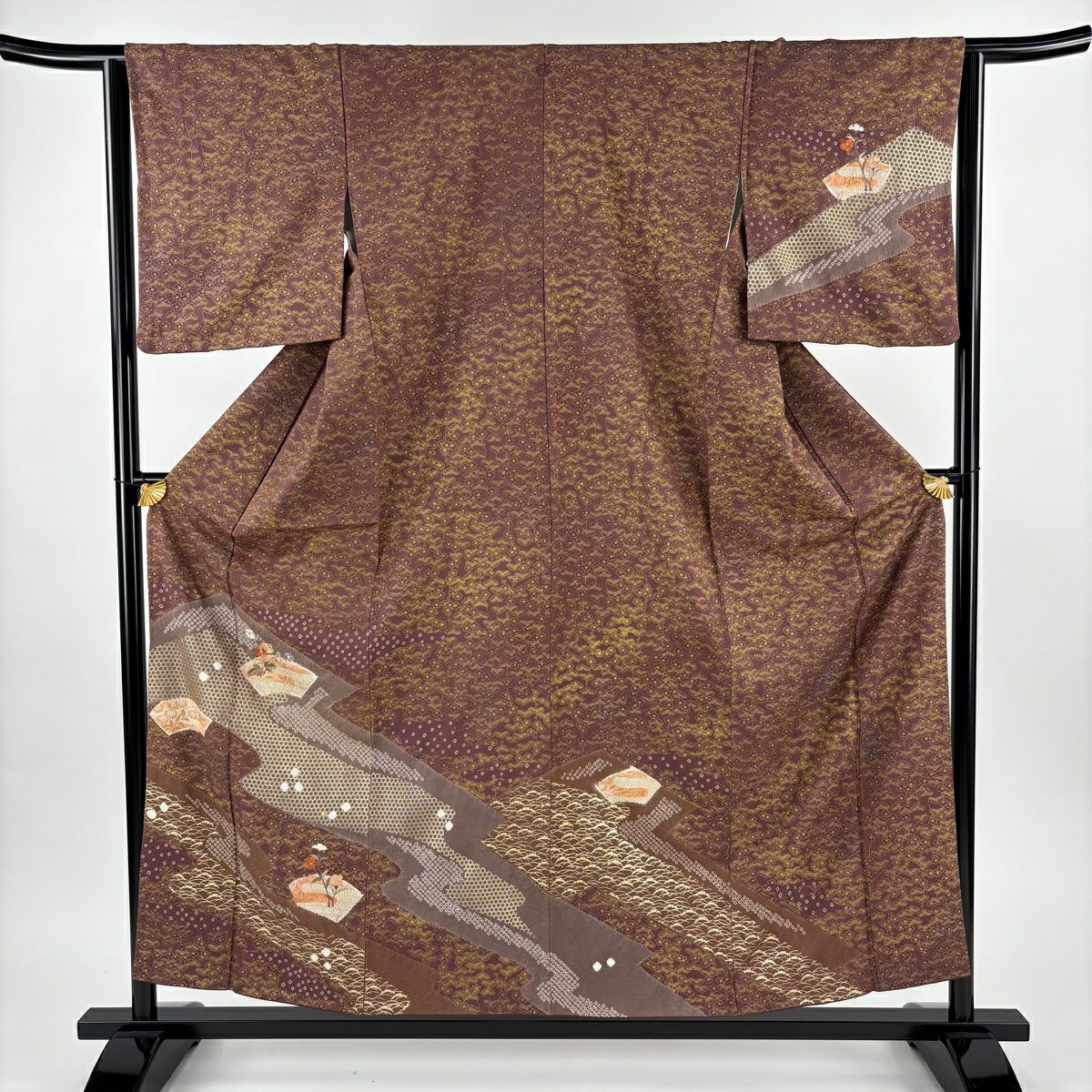 訪問服 身長156.5cm 袖長63.5cm S 雙層 扇子面 草花紋紋 刺繡 絞染 茶紫 純蠶絲 秀品級 一つ紋