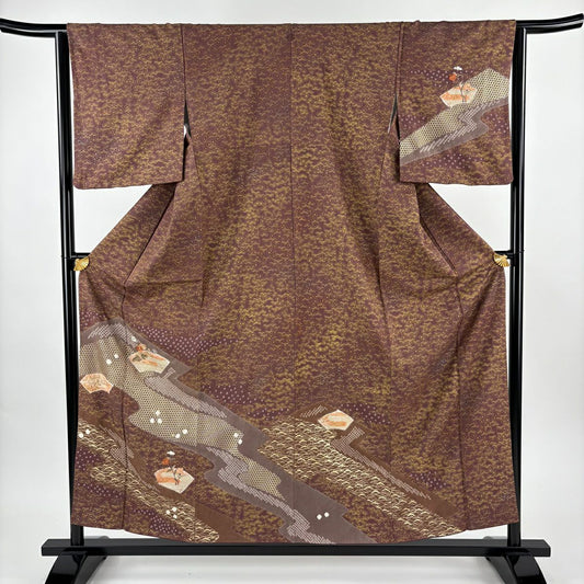 訪問服 身長156.5cm 袖長63.5cm S 雙層 扇子面 草花紋紋 刺繡 絞染 茶紫 純蠶絲 秀品級 一つ紋