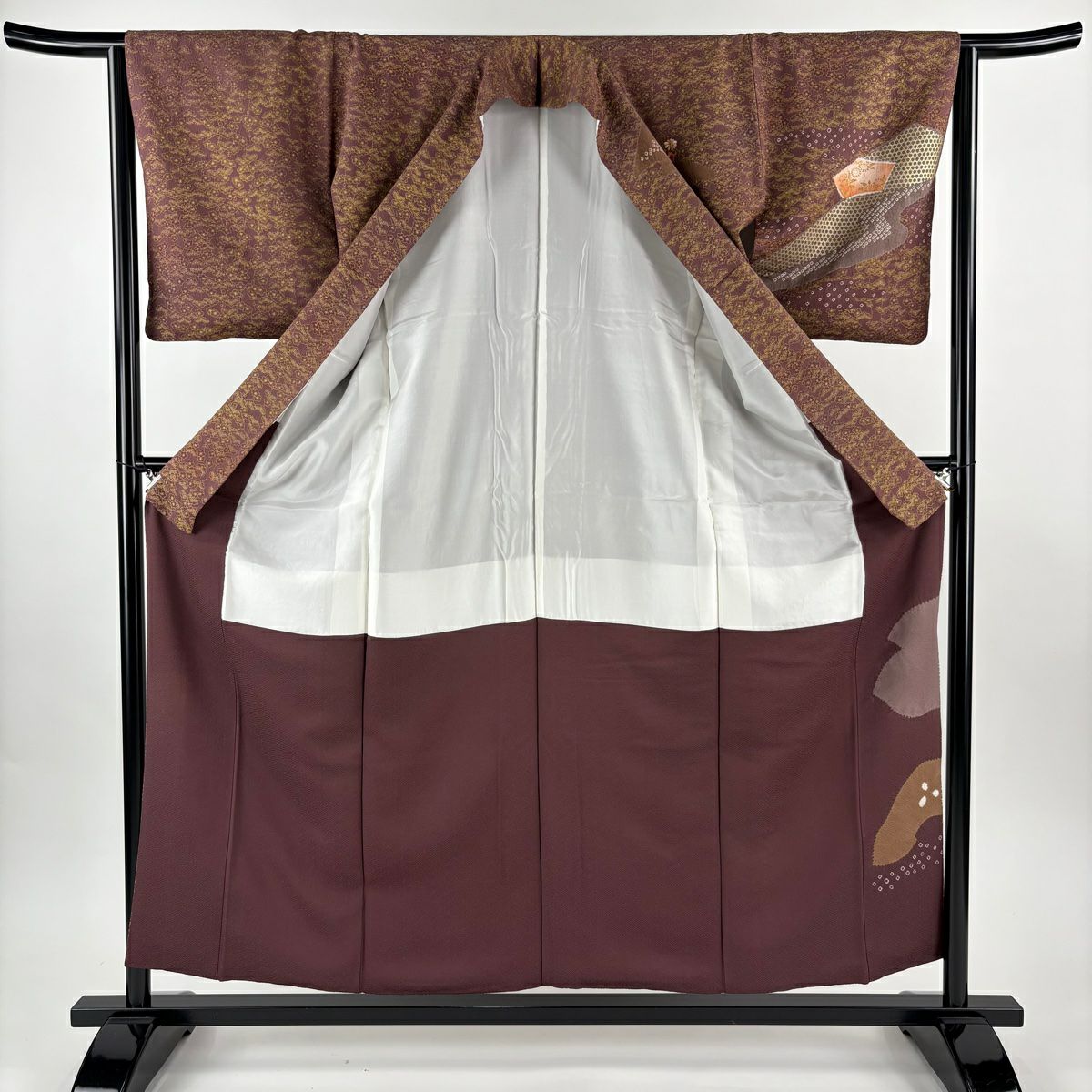 訪問服 身長156.5cm 袖長63.5cm S 雙層 扇子面 草花紋紋 刺繡 絞染 茶紫 純蠶絲 秀品級 一つ紋
