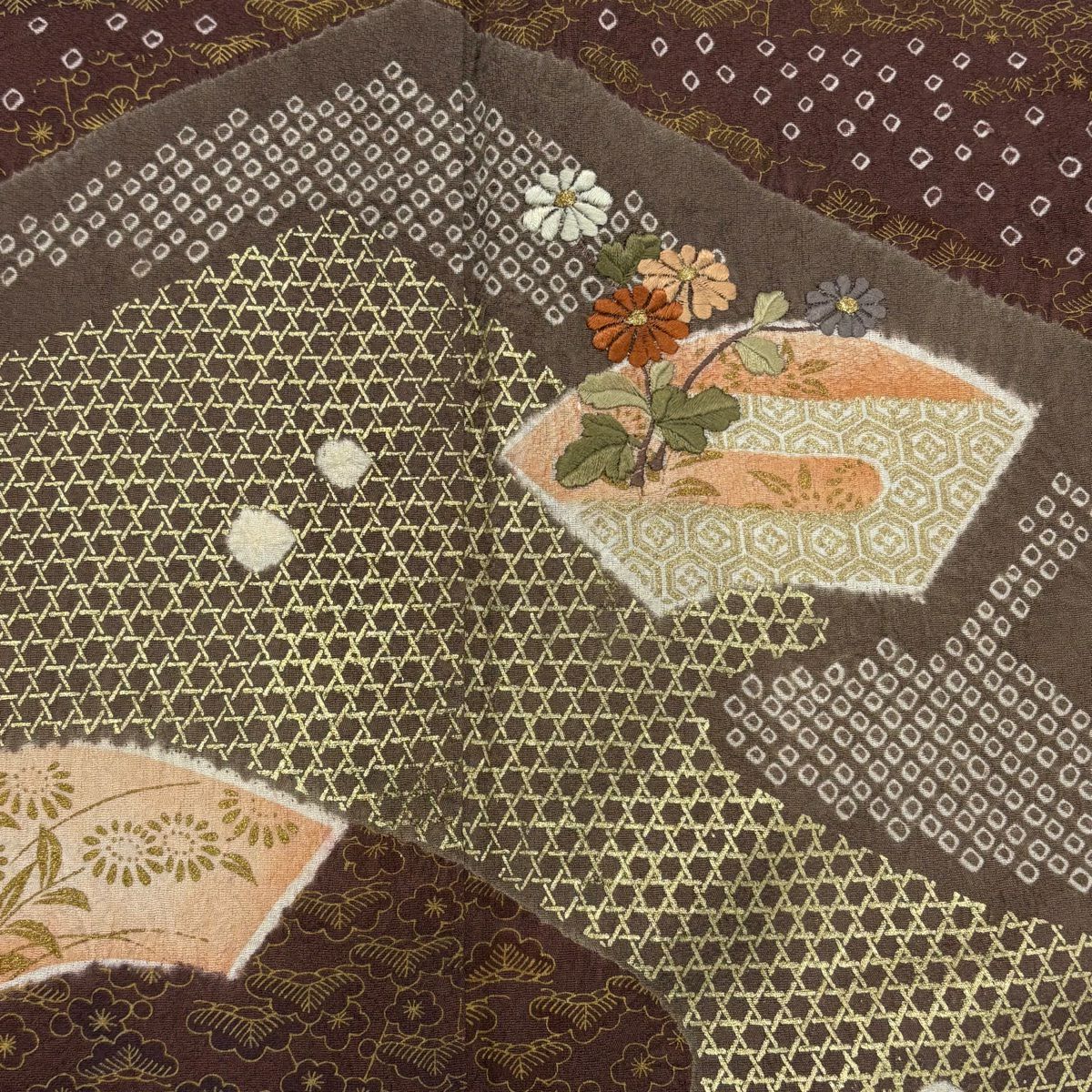 訪問服 身長156.5cm 袖長63.5cm S 雙層 扇子面 草花紋紋 刺繡 絞染 茶紫 純蠶絲 秀品級 一つ紋