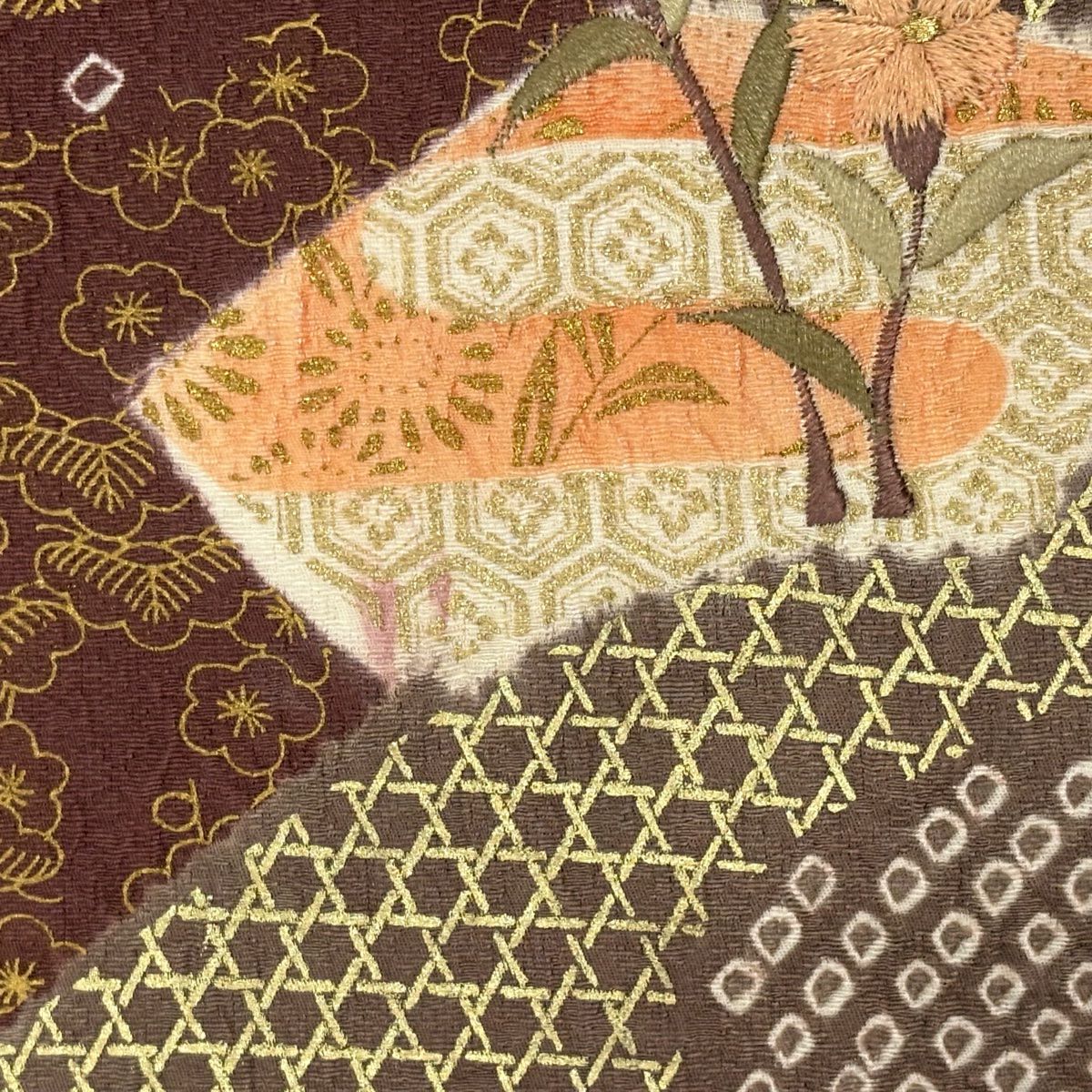 訪問服 身長156.5cm 袖長63.5cm S 雙層 扇子面 草花紋紋 刺繡 絞染 茶紫 純蠶絲 秀品級 一つ紋