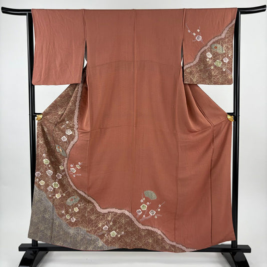 訪問服 身長159cm 袖長65cm M 雙層 扇子面 枝花 刺繡 絞染 小豆 純蠶絲 秀品級