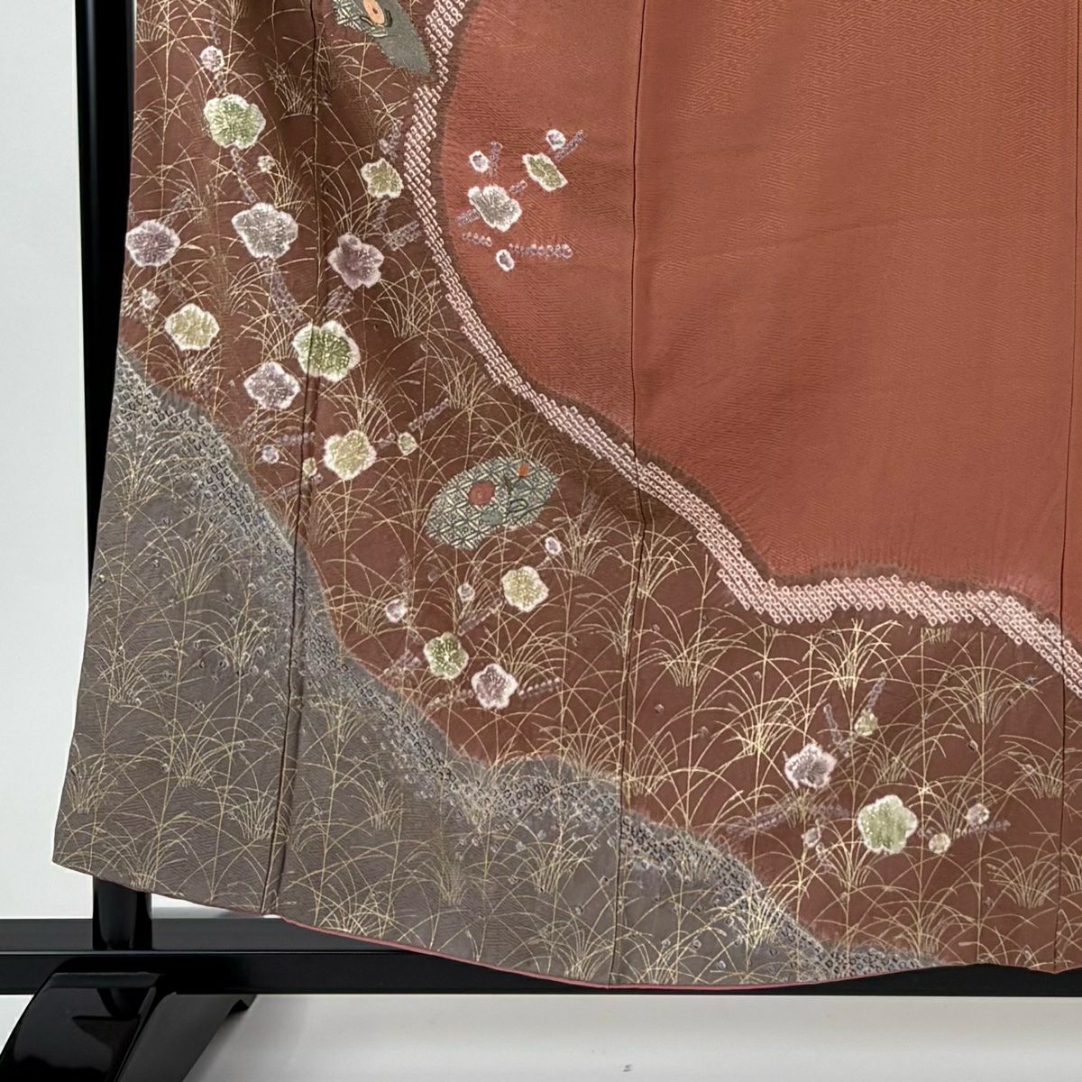 訪問服 身長159cm 袖長65cm M 雙層 扇子面 枝花 刺繡 絞染 小豆 純蠶絲 秀品級