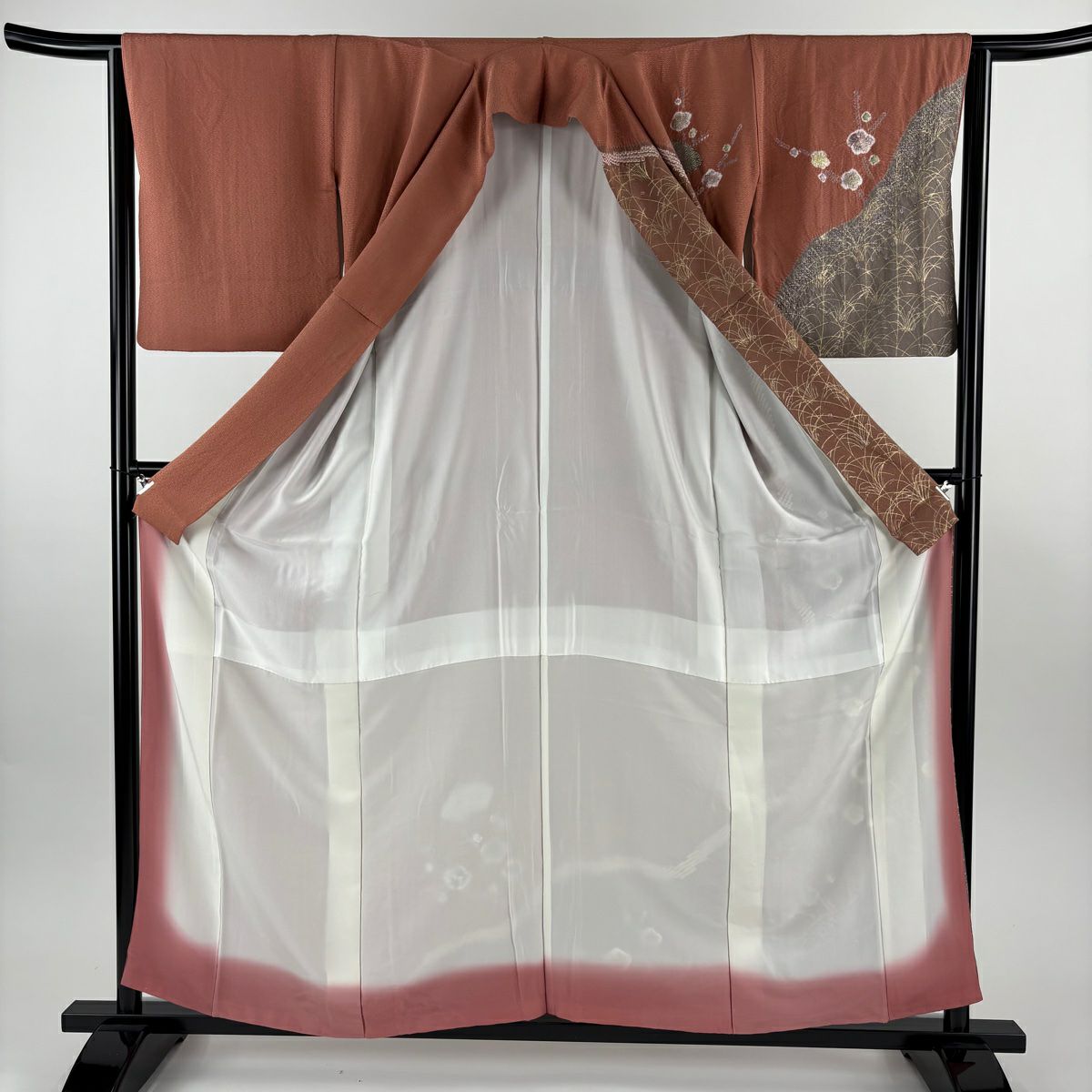 訪問服 身長159cm 袖長65cm M 雙層 扇子面 枝花 刺繡 絞染 小豆 純蠶絲 秀品級