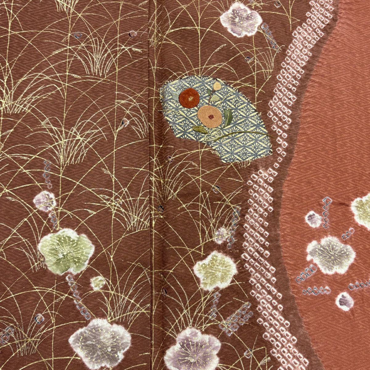 訪問服 身長159cm 袖長65cm M 雙層 扇子面 枝花 刺繡 絞染 小豆 純蠶絲 秀品級