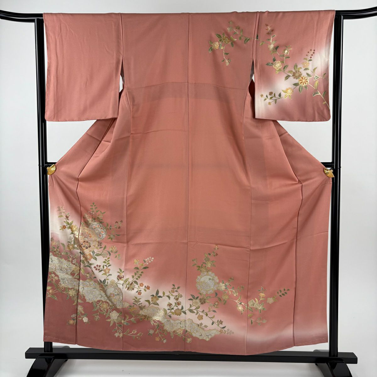 【美品】訪問服 身長157.5cm 袖長63.5cm S 雙層 鏡裏文 華紋 螺鈿 銀通し 粉紅 純蠶絲 秀品級