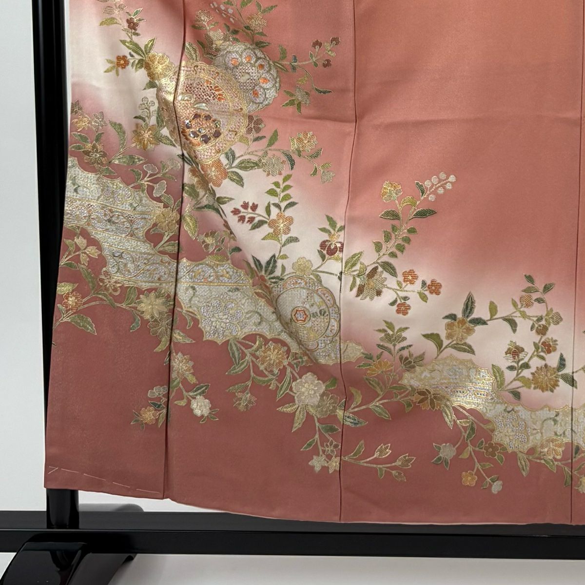 【美品】訪問服 身長157.5cm 袖長63.5cm S 雙層 鏡裏文 華紋 螺鈿 銀通し 粉紅 純蠶絲 秀品級