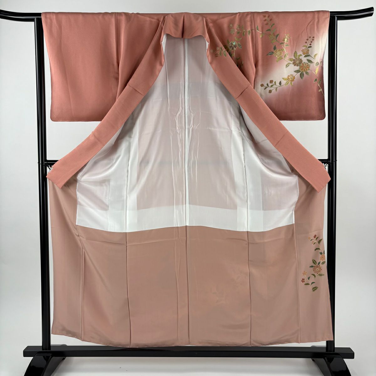 【美品】訪問服 身長157.5cm 袖長63.5cm S 雙層 鏡裏文 華紋 螺鈿 銀通し 粉紅 純蠶絲 秀品級