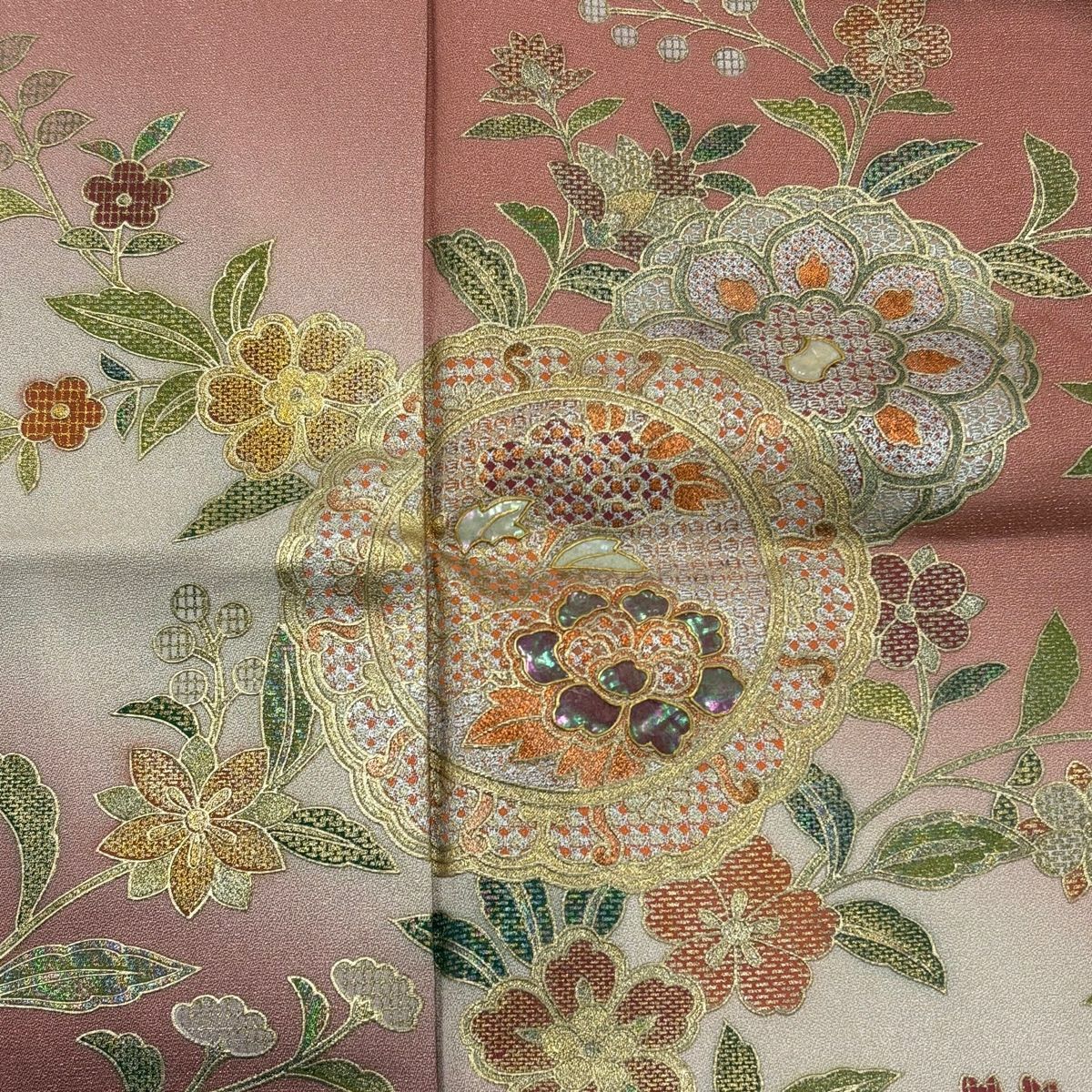 【美品】訪問服 身長157.5cm 袖長63.5cm S 雙層 鏡裏文 華紋 螺鈿 銀通し 粉紅 純蠶絲 秀品級