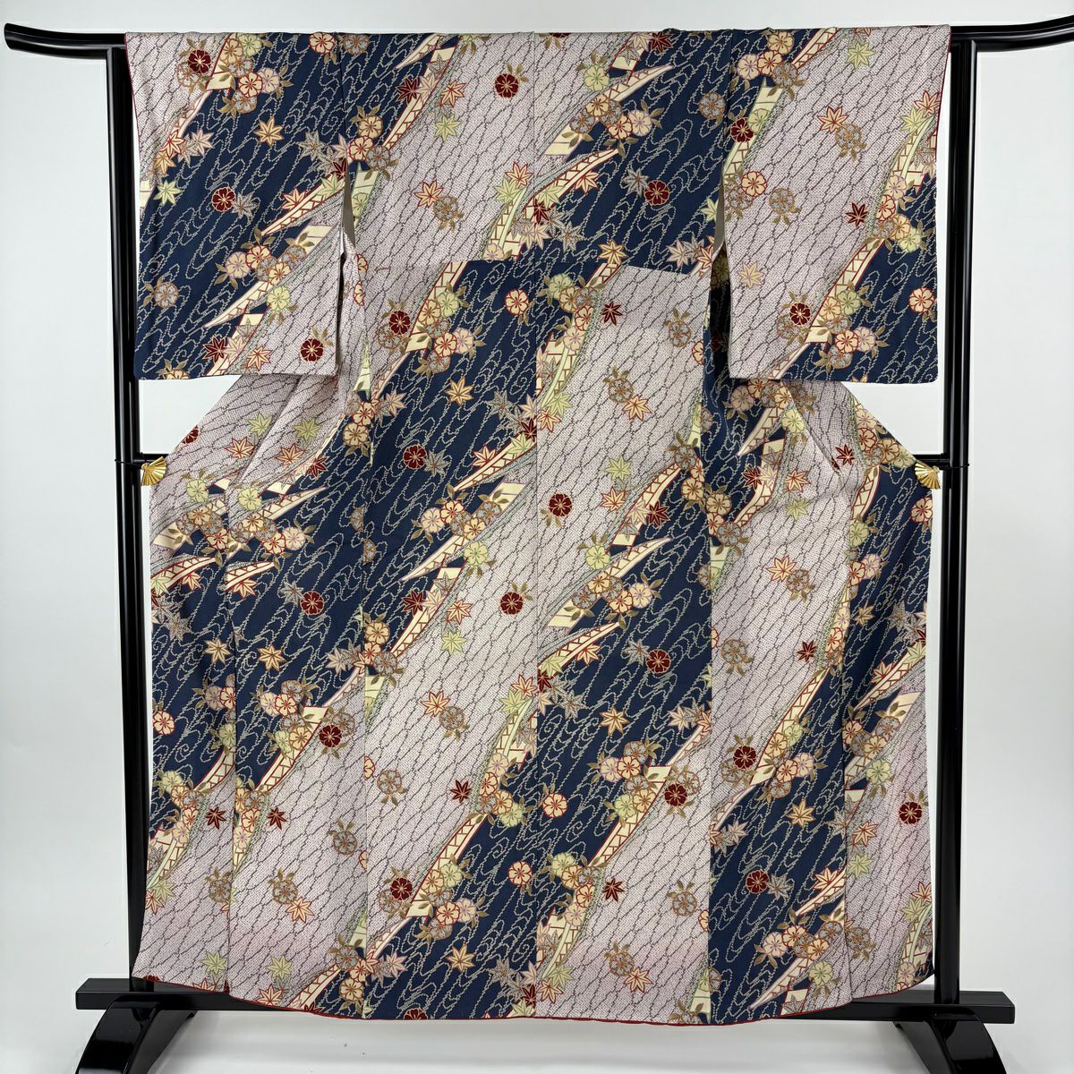 【美品】 小紋 身長158.5cm 袖長63cm S 雙層 舟 櫻花 金銀彩 絞織 深藍 純蠶絲 秀品級