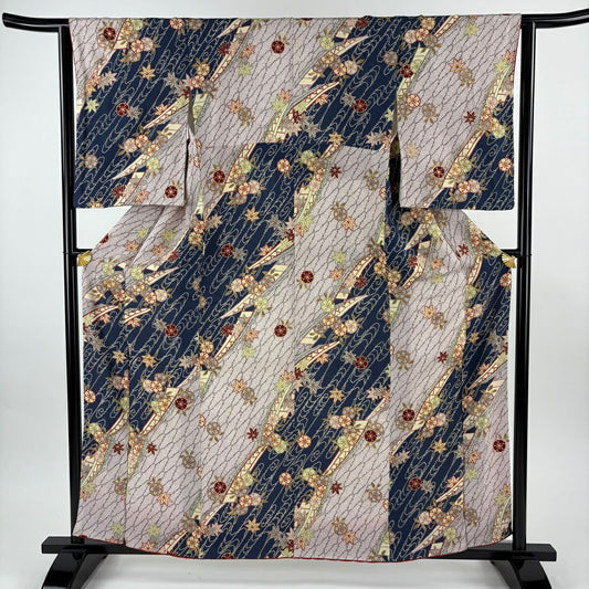 【美品】 小紋 身長158.5cm 袖長63cm S 雙層 舟 櫻花 金銀彩 絞織 深藍 純蠶絲 秀品級