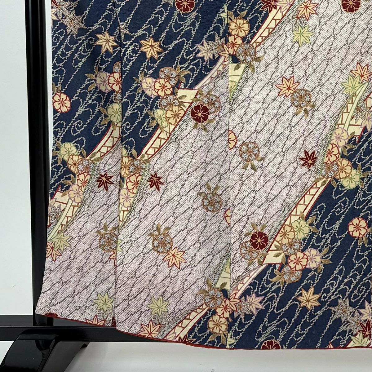 【美品】 小紋 身長158.5cm 袖長63cm S 雙層 舟 櫻花 金銀彩 絞織 深藍 純蠶絲 秀品級