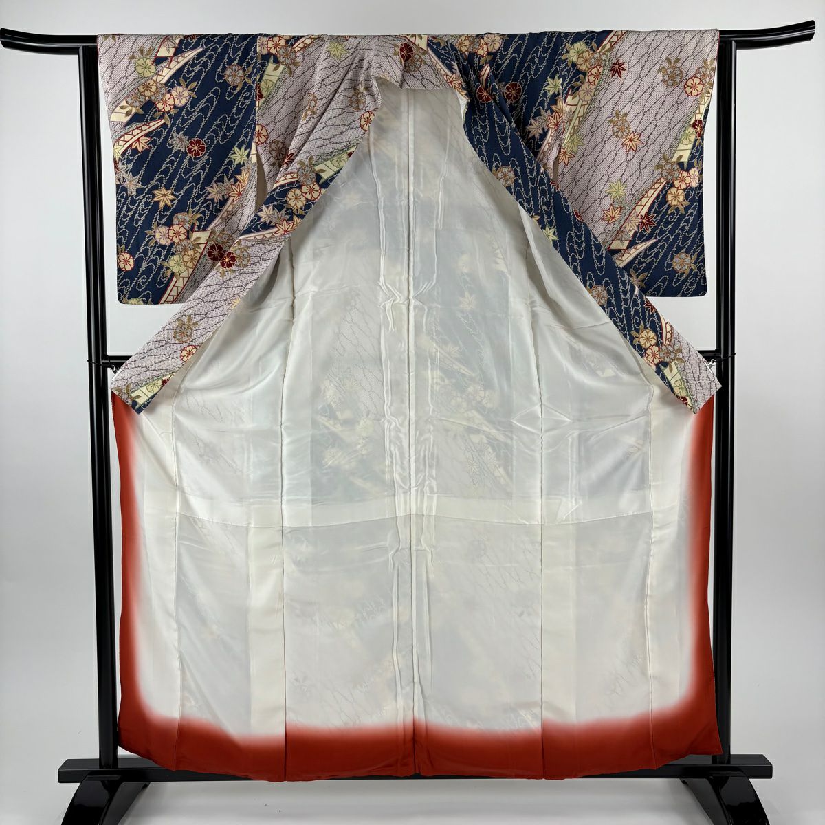 【美品】 小紋 身長158.5cm 袖長63cm S 雙層 舟 櫻花 金銀彩 絞織 深藍 純蠶絲 秀品級