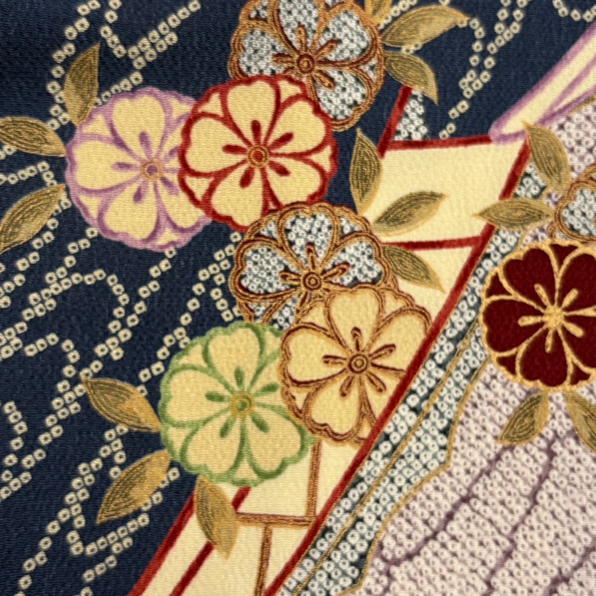 【美品】 小紋 身長158.5cm 袖長63cm S 雙層 舟 櫻花 金銀彩 絞織 深藍 純蠶絲 秀品級