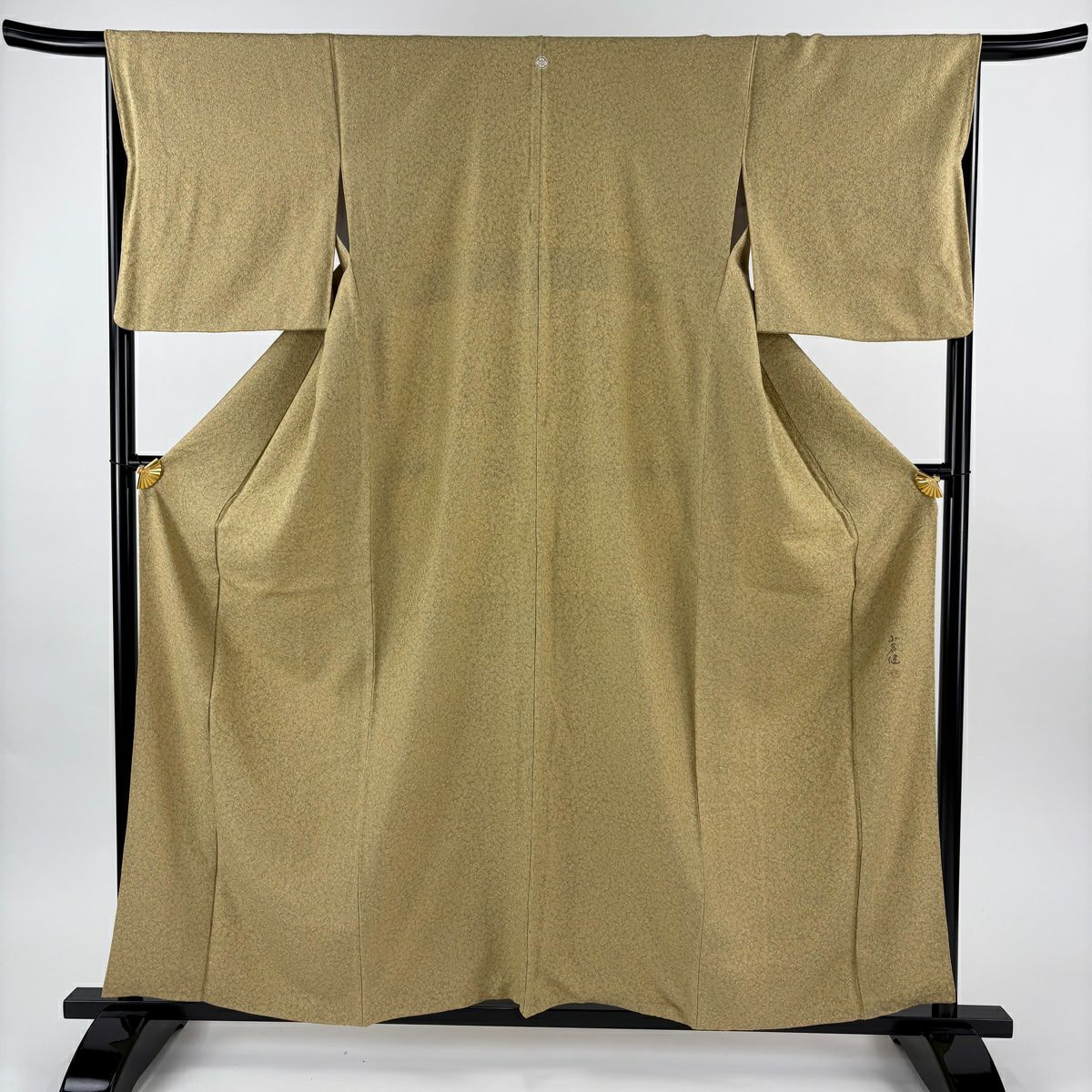 【美品】 小紋 身長160cm 袖長66cm M 雙層 小倉健 落款あり 幾何學圖案 山吹茶 純蠶絲 秀品級 一つ紋