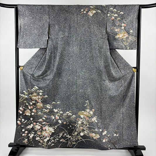 訪問服 身長160cm 袖長64cm M 雙層 冊子 枝梅花 金銀彩 漸層 黑灰 純蠶絲 秀品級