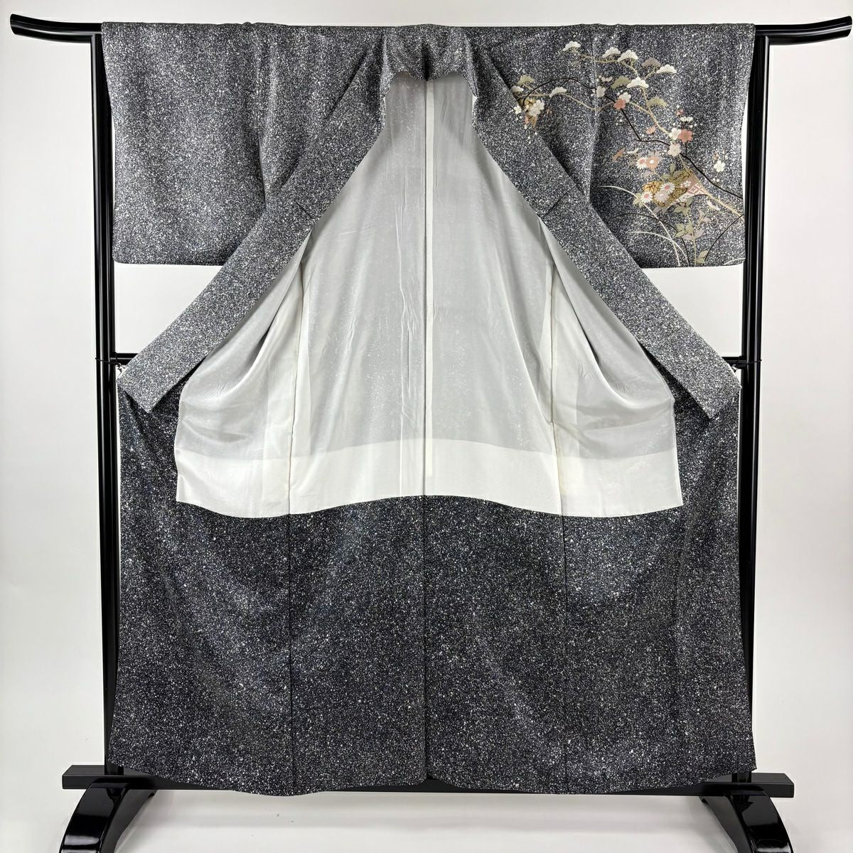 訪問服 身長160cm 袖長64cm M 雙層 冊子 枝梅花 金銀彩 漸層 黑灰 純蠶絲 秀品級
