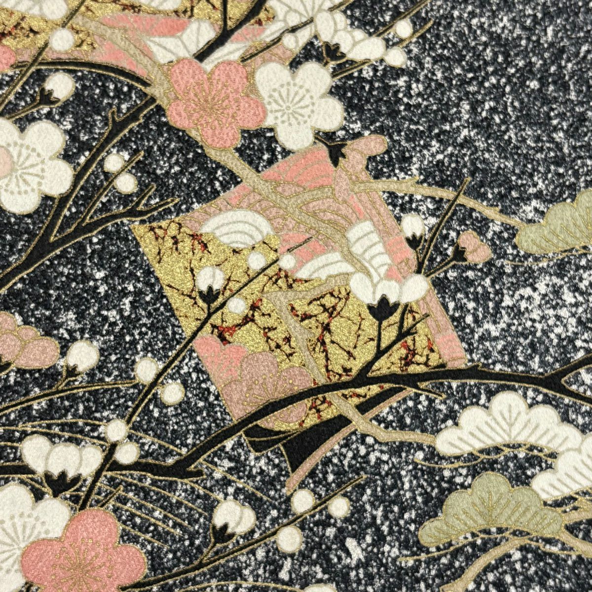 訪問服 身長160cm 袖長64cm M 雙層 冊子 枝梅花 金銀彩 漸層 黑灰 純蠶絲 秀品級