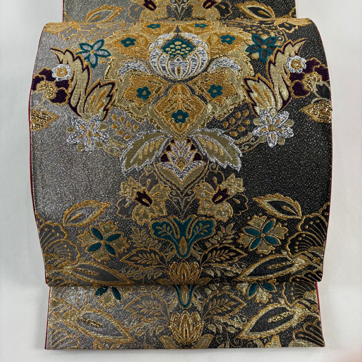 【美品】 袋帶 名品級 草花紋紋 金金箔 金銀彩 六通 純蠶絲