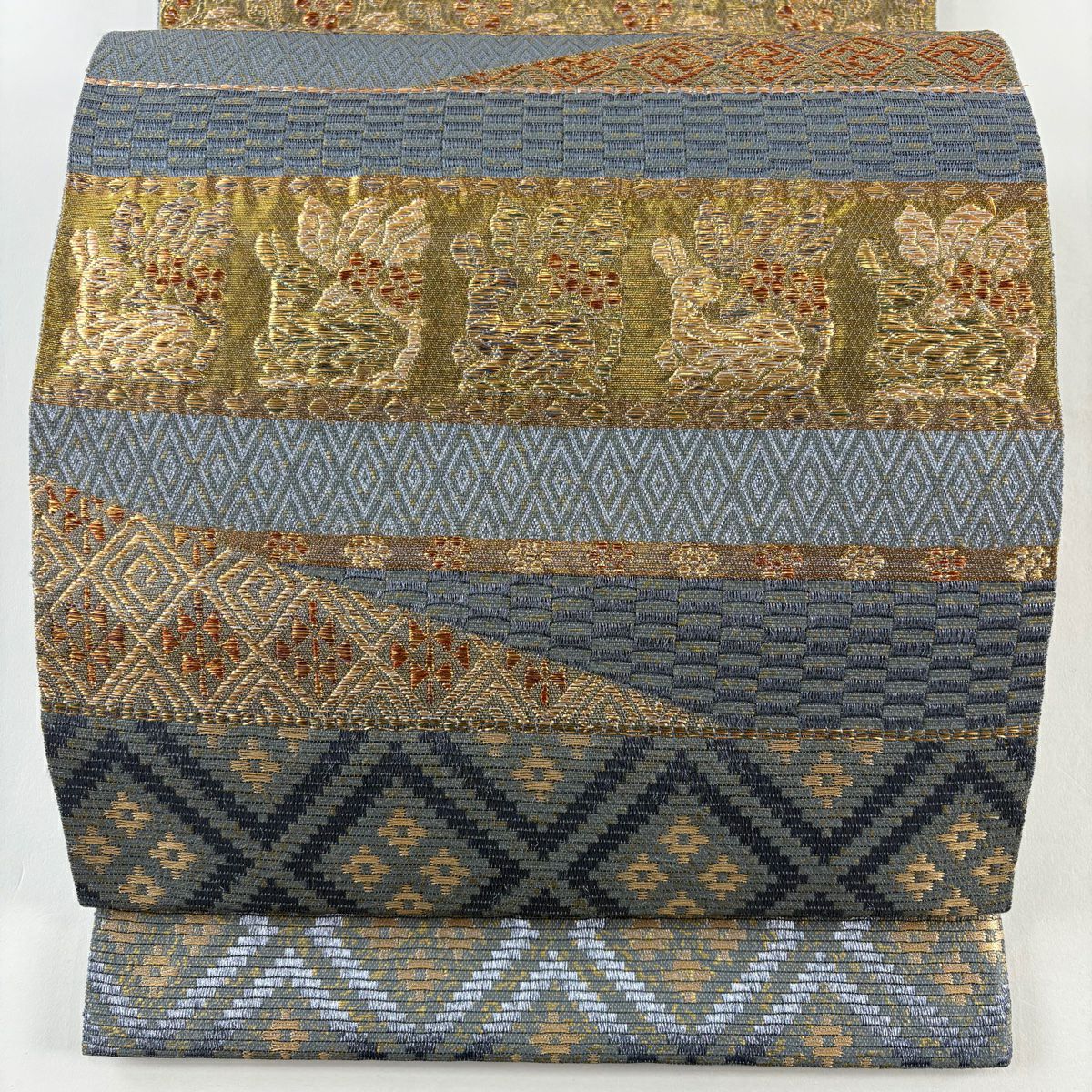 【美品】 袋帶 名品級 花兔 幾何學 金絲 金金箔 青灰 六通 純蠶絲
