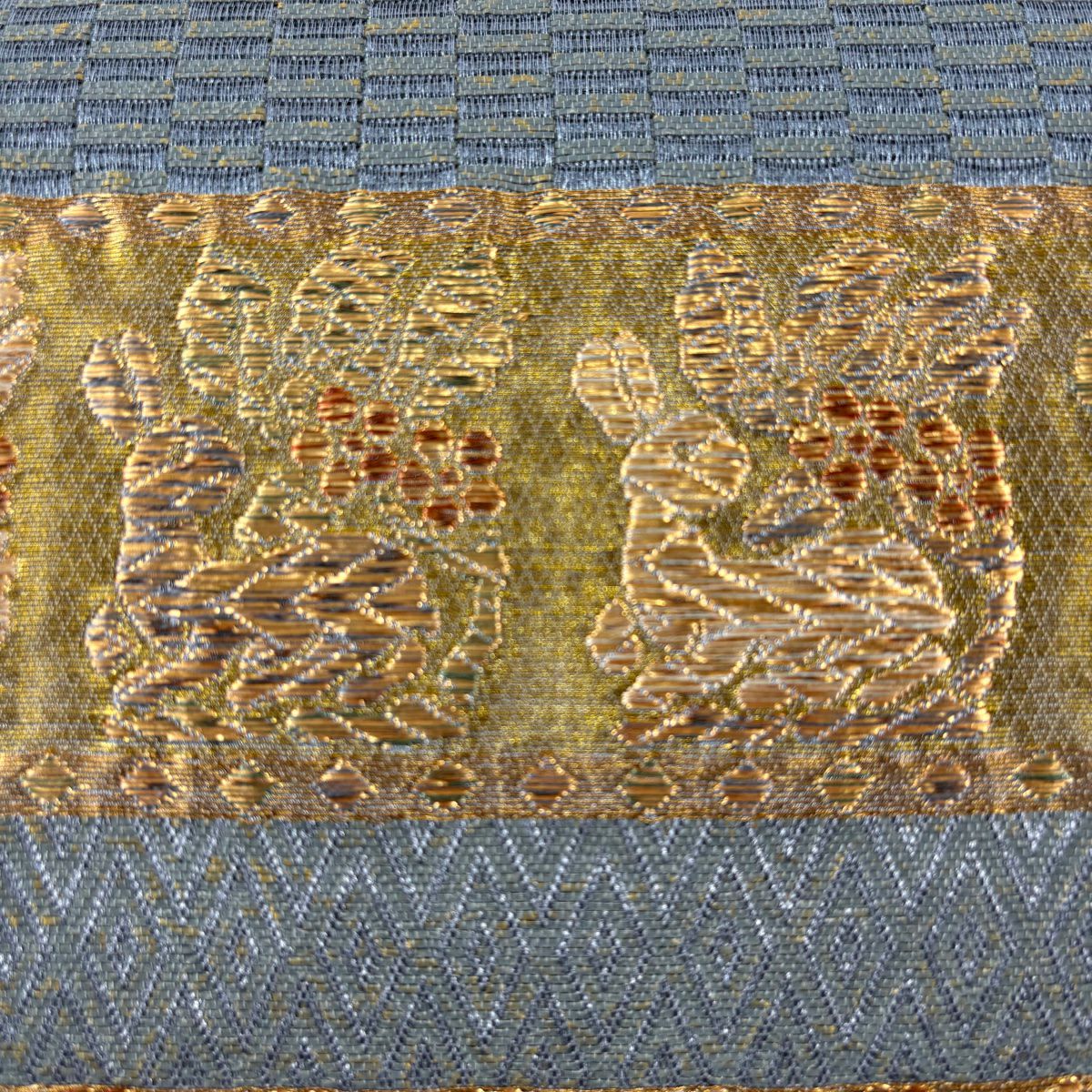 【美品】 袋帶 名品級 花兔 幾何學 金絲 金金箔 青灰 六通 純蠶絲