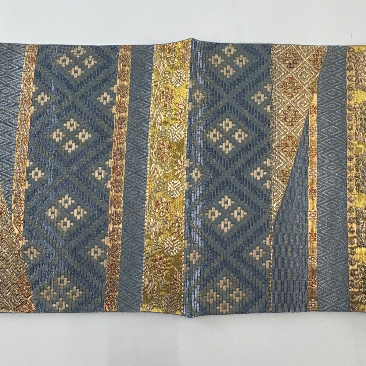 【美品】 袋帶 名品級 花兔 幾何學 金絲 金金箔 青灰 六通 純蠶絲